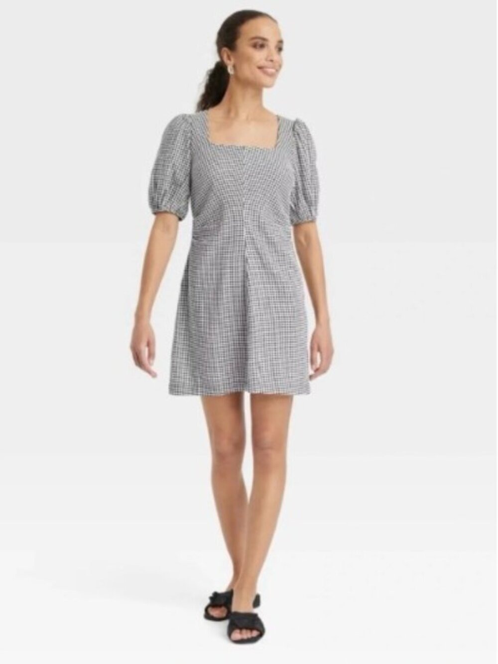 Women's a new day Short Puff Sleeve Square Neck Linen Blend Mini Dress Size 2